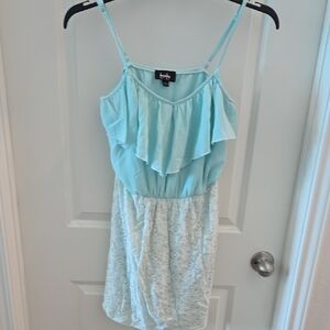 by & by Green and Blue Ruffled Fitted Midi Dress